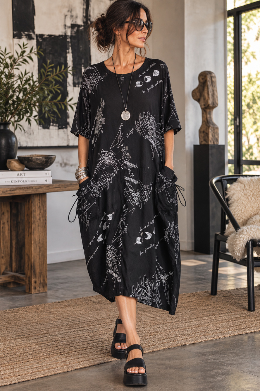 Comfy USA 1X Black White Scribble Art to Wear Lagenlook Dress Pockets USA